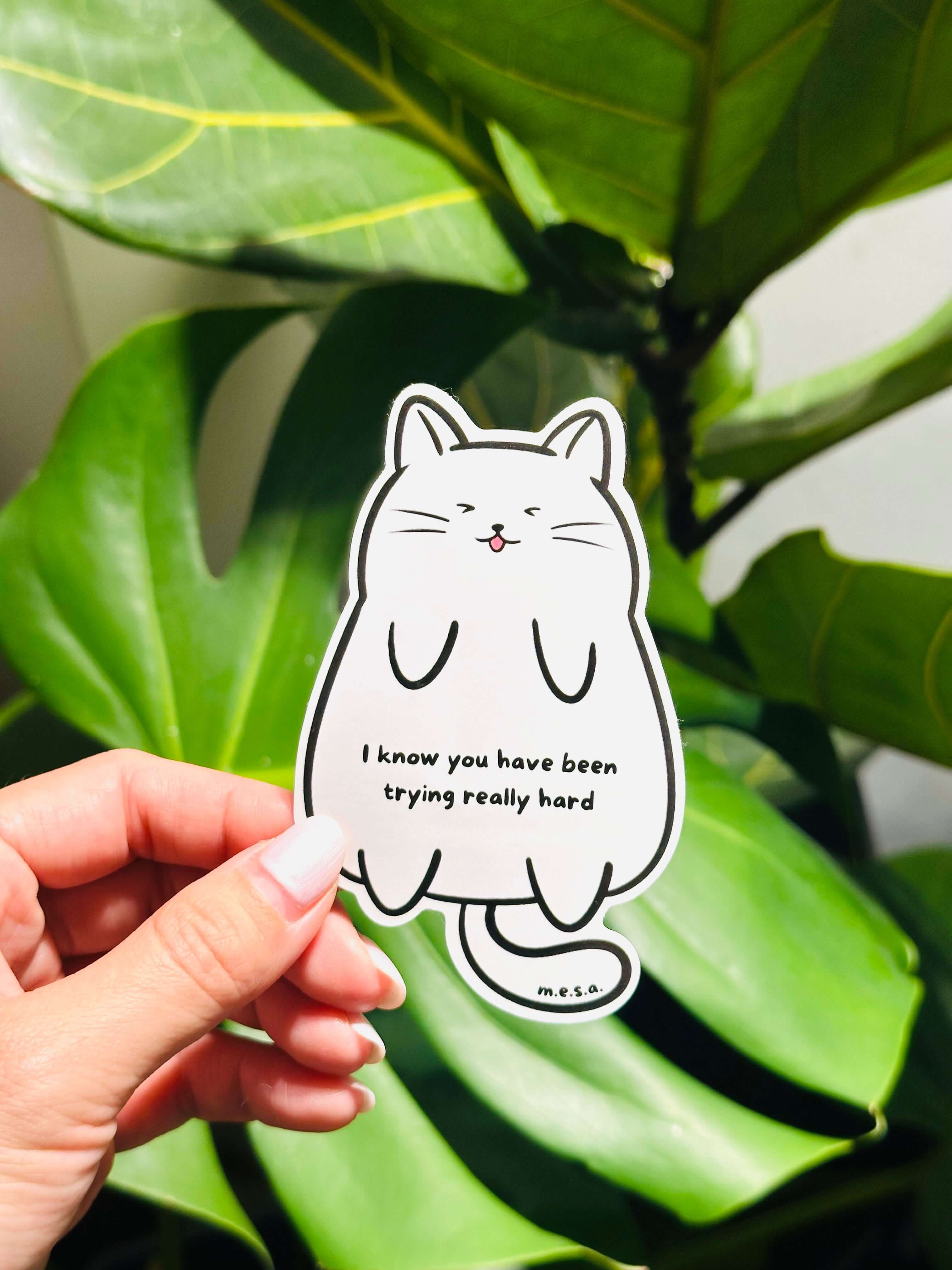 Cute cat sticker featuring a chubby kitty with "I know you have been trying really hard" message for motivation and relaxation.